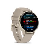 Garmin Venu® 3S, Soft Gold rand van roestvrij staal met French Grey behuizing en siliconen band 3