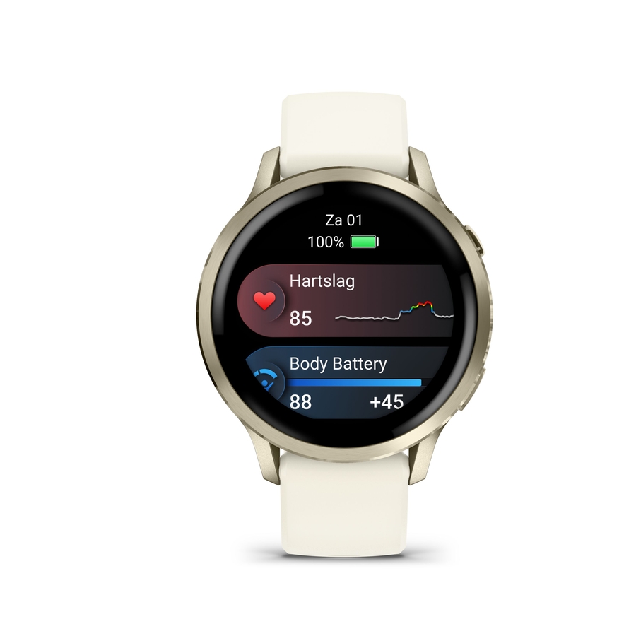Garmin Venu 4 – 41 mm, Lunar Gold met Bone siliconen bandje 1