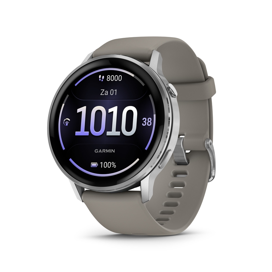 Garmin Venu® 4 – 45 mm, Zilver met zilvergrijze siliconen band 1