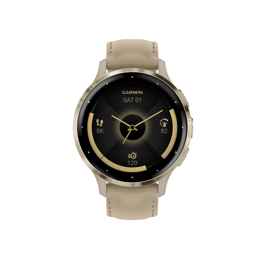 Garmin Venu® 3S, Soft Gold rand van roestvrij staal met French Grey behuizing en siliconen band 7