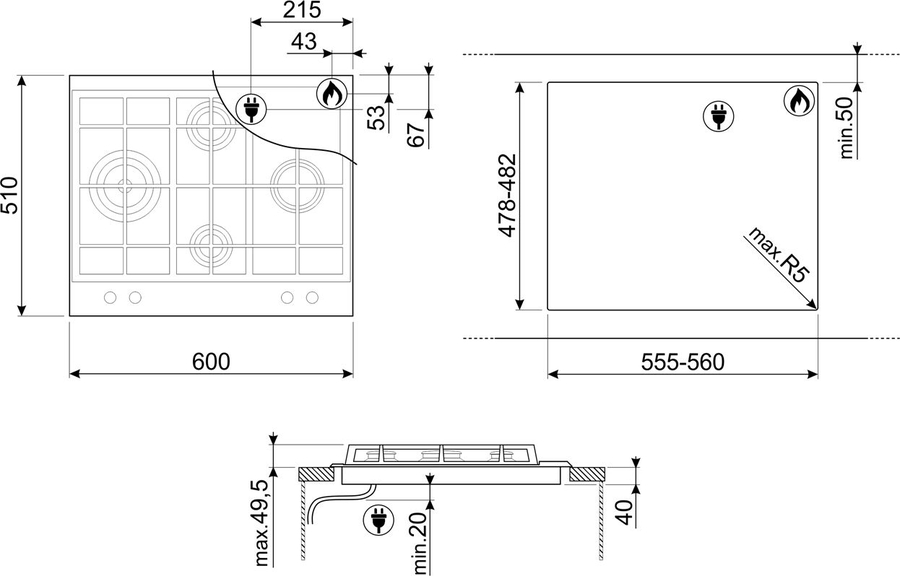 SMEG P261XGHNLK Inbouw Gas Kookplaat 2